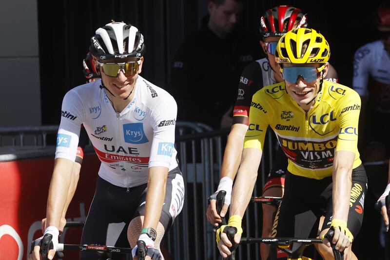 UAE Team Emirates rider Tadej Pogacar and Jonas Vingegaard at the start of Stage 21. EPA