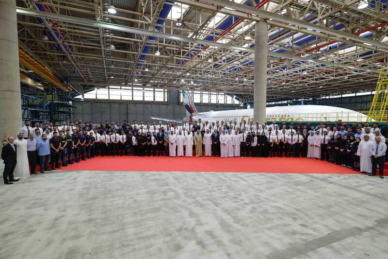 Sheikh Mohammed bin Rashid, Vice President and Ruler of Dubai, meets the Emirates engineering team that is made up of 60 per cent UAE citizens