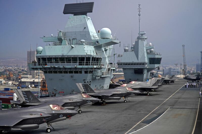 F-35B 'Lightning' aircraft parked aboard the deck of the Royal Navy's 'HMS Queen Elizabeth' aircraft carrier in July this year. AFP