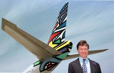 British Airways Chief Executive Bob Ayling during the unveiling of the new tailfin logos at Heathrow Airport in 1997. Getty Images