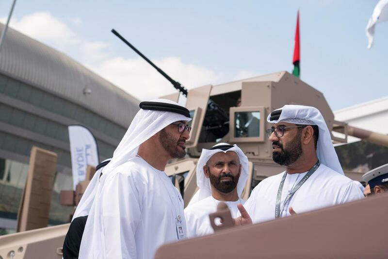 ABU DHABI, UNITED ARAB EMIRATES - February 21, 2019: HH Sheikh Mohamed bin Zayed Al Nahyan, Crown Prince of Abu Dhabi and Deputy Supreme Commander of the UAE Armed Forces (L), tours the 2019 International Defence Exhibition and Conference (IDEX), at Abu Dhabi National Exhibition Centre (ADNEC). 

( Ryan Carter for the Ministry of Presidential Affairs )
---