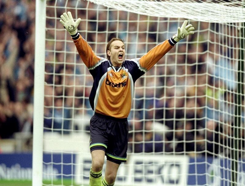 30 May 1999:  Nicky Weaver of Manchester City celebrates after saving a penalty during the Nationwide Division Two Play-Off Final match against Gillingham played at Wembley Stadium in London, England.  The match finished in a 2-2 draw after extra-time and in the penalty shoot-out Manchester City won 3-1 and were promoted to Division One. \ Mandatory Credit: Gary M Prior/Allsport