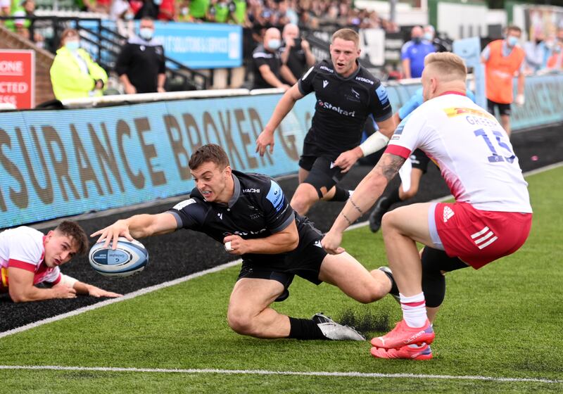 Adam Radwan of Newcastle Falcons scores their team's first try against Harlequins. Getty Images