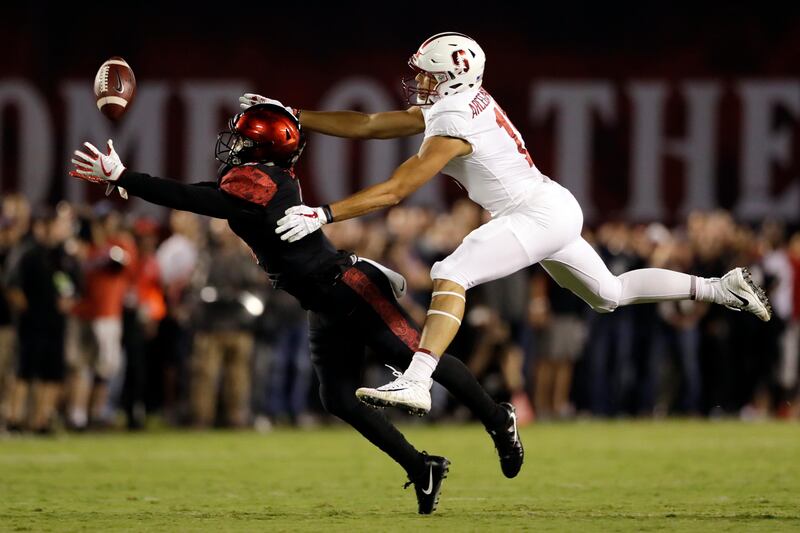 San Diego State safety Trey Lomax, left, can't quite reach a pass intended for Stanford wide receiver JJ Arcega-Whiteside during the first half of an NCAA college football game. Gregory Bull / AP Photo