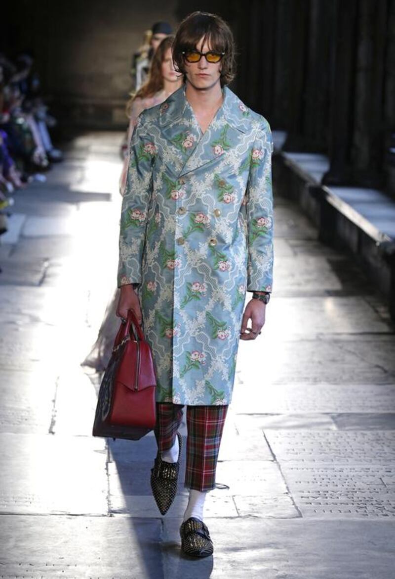 A feminine take on menswear with Look 61 at the Gucci Cruise Collection 2017. Courtesy Gucci.