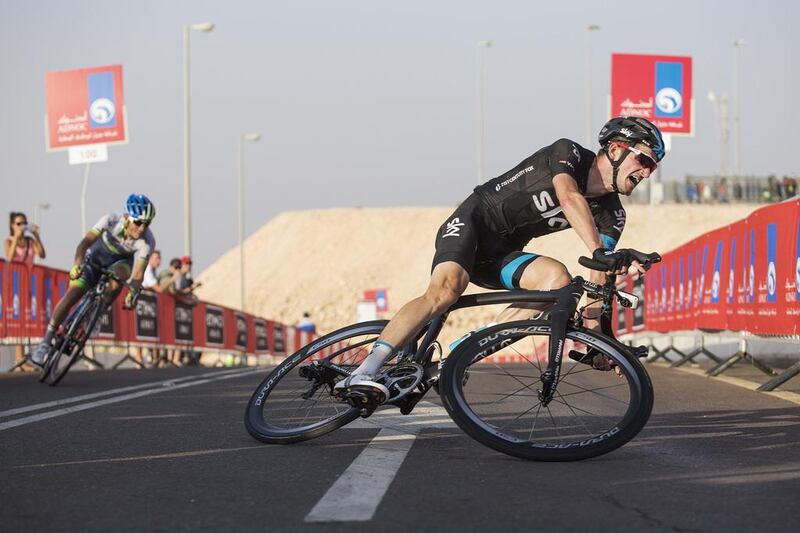 Team Sky rider Wouter Poels crashes near the finish of the third stage of the Abu Dhabi Tour on Saturday. He recovered to finish third. Esteban Chaves, behind, won. Mona Al Marzooqi / The National / October 10, 2015