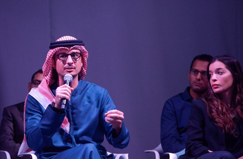 Abu Dhabi, United Arab Emirates - Ali Mostafa, British-Emirati filmmaker, director and producer presents his short clips at the Du conference held for #Post Wisely campaign.  The campaign is to make aware the online community to think before posting and protecting residents from cybercrime at Four Seasons, Al Maryah Island on February 19, 2018. (Khushnum Bhandari/ The National)