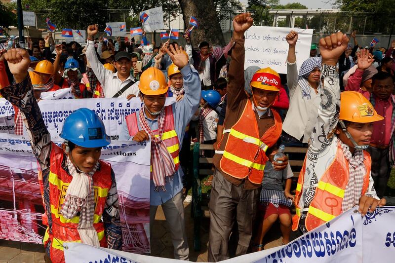 Cambodian workers gather during a rally in Phnom Penh, Cambodia. Kith Serey / EPA