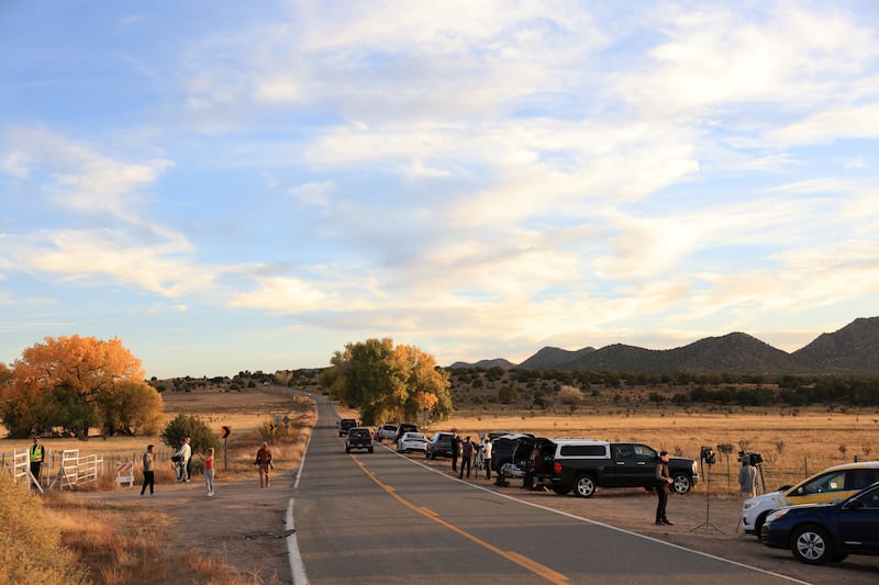 Media crews outside the gate of the film set of 'Rust'. Reuters