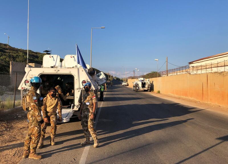 UN peacekeepers (UNIFIL) stand together in Naqoura, near the Lebanese-Israeli border, southern Lebanon October 14, 2020. REUTERS/Issam Abdallah