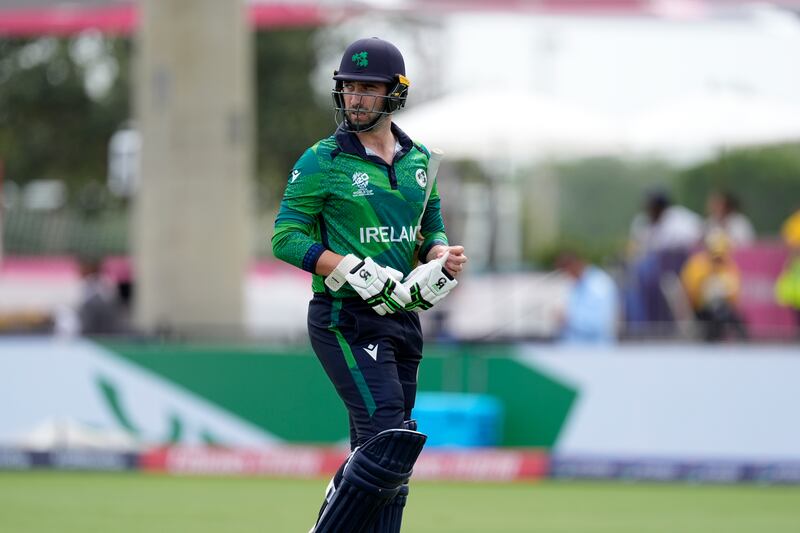 Ireland's Andrew Balbirnie after being bowled for a duck by Pakistan's Shaheen Afridi. AP 