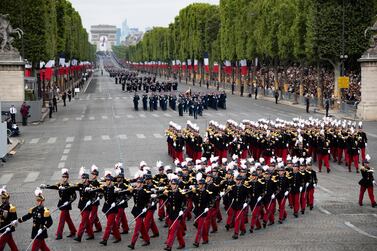 Cadets from Saint-Cye officer school march during the annual Bastille Day military parade on the Champs Elysees avenue in Paris, France, 14 July 2019.EPA