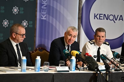 Northern Irish police officials attend a news conference to present the Kenova report in Belfast last week. Getty Images