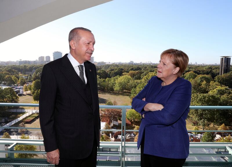 Turkish President Tayyip Erdogan meets with German Chancellor Angela Merkel in Berlin, Germany, September 29, 2018. Cem Oksuz/Presidential Press Office/Handout via REUTERS ATTENTION EDITORS - THIS PICTURE WAS PROVIDED BY A THIRD PARTY. NO RESALES. NO ARCHIVE.