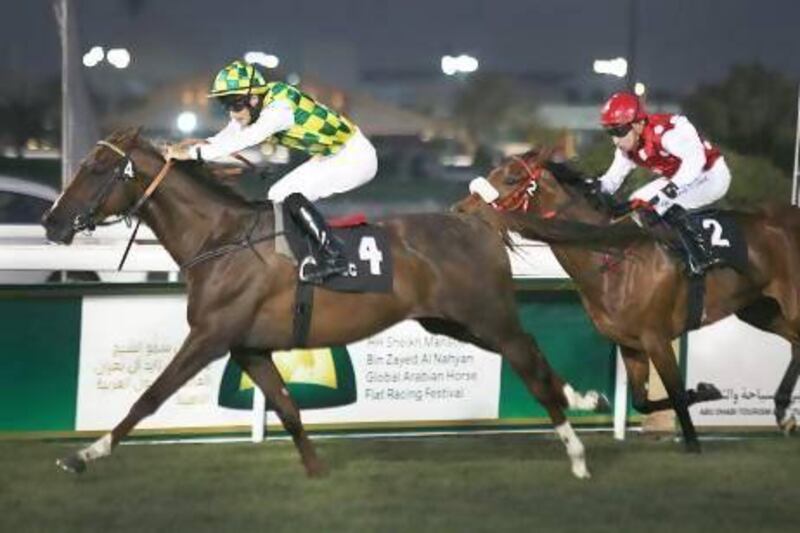 Harry Bentley displayed patience aboard Laamma, left, coming from behind to take first place in the Arabian Triple Crown Round 2 race at the Abu Dhabi Equestrian Club.