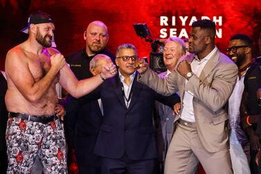 EDITORIAL USE ONLY
Tyson Fury and Francis Ngannou at the 'Battle of the Baddest' press conference in London marking the official count down to Riyadh Season 2023 held annually in Saudi Arabia. Picture date: Thursday September 7, 2023. PA Photo. The historic boxing clash between Tyson Fury and Francis Ngannou on October 28 will be the opening event of this year's season. Photo credit should read: David Parry/PA Wire 