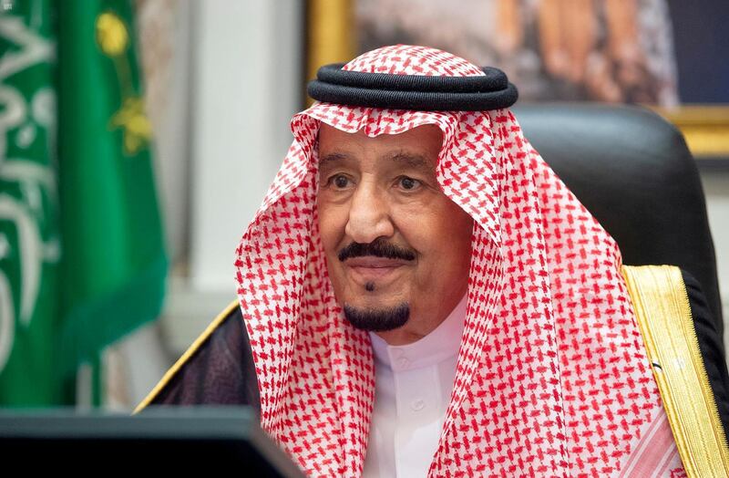 FILE PHOTO: Saudi Arabia's King Salman bin Abdulaziz attends a virtual cabinet meeting in Neom, Saudi Arabia August 18, 2020. Picture taken August 18, 2020.  Saudi Press Agency/Handout via REUTERS ATTENTION EDITORS - THIS PICTURE WAS PROVIDED BY A THIRD PARTY./File Photo