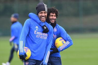 Pierre-Emerick Aubameyang and Mo Elneny of Arsenal during training ahead of the Premier League match at Brighton. Getty