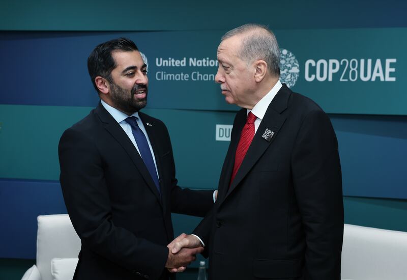 Turkish President Recep Tayyip Erdogan and First Minister of Scotland Humza Yousaf during their meeting at Cop28, in Dubai. EPA
