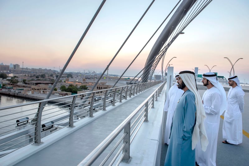 Sheikh Mohammed surveys Dubai Creek from Infinity Bridge.