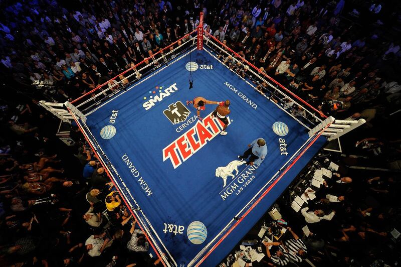 LAS VEGAS, NV - JUNE 09:  An overhead view of the ring as Manny Pacquiao (L) punches Timothy Bradley during their WBO welterweight title fight at MGM Grand Garden Arena on June 9, 2012 in Las Vegas, Nevada.  (Photo by Kevork Djansezian/Getty Images)