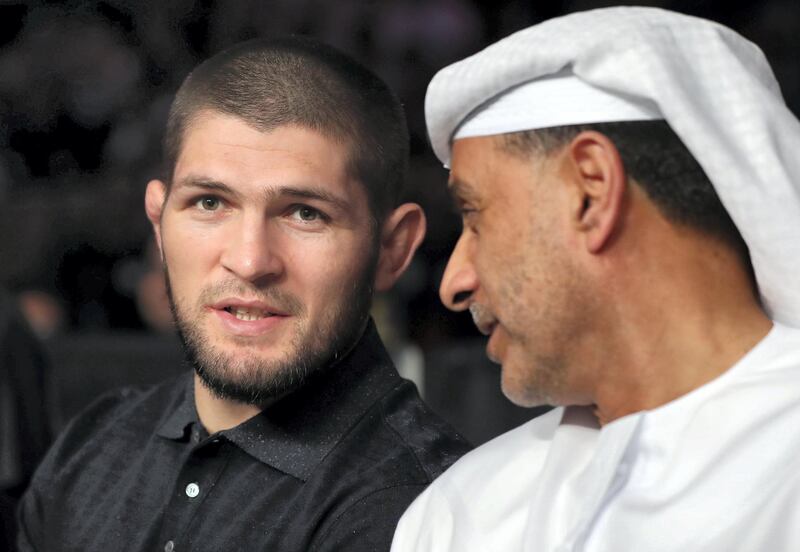 Abu Dhabi, United Arab Emirates - November 29th, 2019: UFC chap Khabib Nurmagomedov watches James Bishop vs Mark Vakerio in the featherweight division during the UAE Warriors event. Friday, November 29th, 2019, Mubadala Arena, Abu Dhabi. Chris Whiteoak / The National