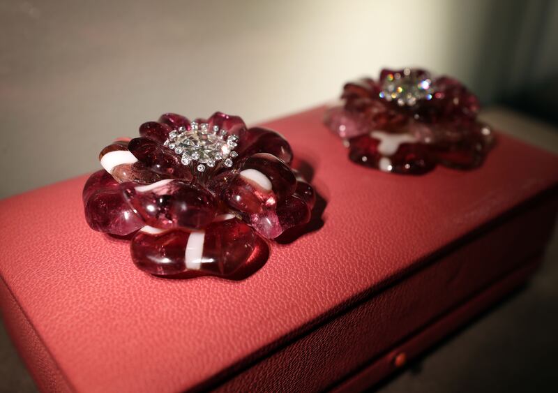 A pair of tourmaline, agate and diamond camelia brooches