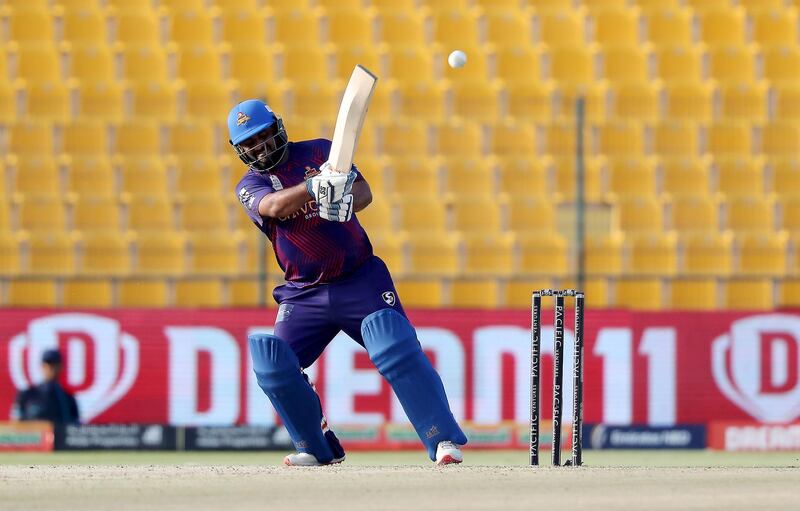 ABU DHABI , UNITED ARAB EMIRATES , Nov 19 – 2019 :- Mohammad Shahzad of Deccan Gladiators playing a shot during the Abu Dhabi T10 Cricket match between Qalanders vs Deccan Gladiators at Sheikh Zayed Cricket Stadium in Abu Dhabi. ( Pawan Singh / The National )  For Sports. Story by Paul