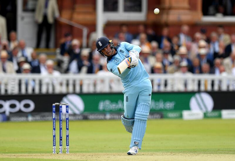 LONDON, ENGLAND - JULY 14: Jason Roy of England hits out during the Final of the ICC Cricket World Cup 2019 between New Zealand and England at Lord's Cricket Ground on July 14, 2019 in London, England. (Photo by Mike Hewitt/Getty Images)