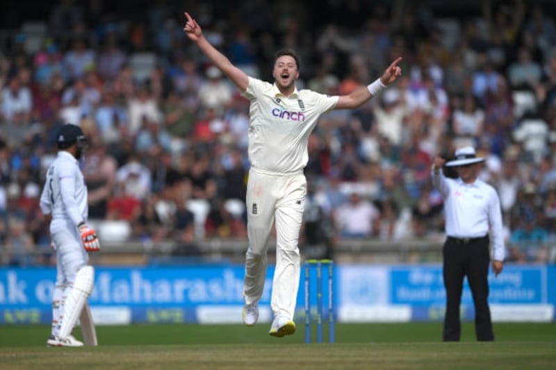 Ollie Robinson celebrates after taking his fifth wicket against India. Getty