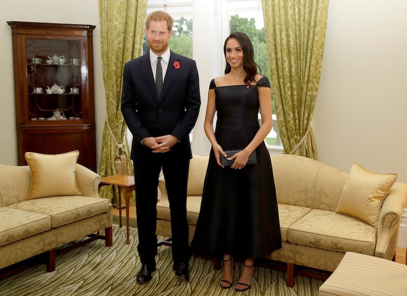 Meghan, Duchess of Sussex wears a Gabriela Hearst dress and Stuart Weitzman heels at Government House in Wellington, New Zealand, on October 28, 2018. AP