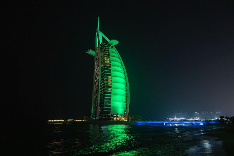Burj Al Arab lights up in green to celebrate the commencement of commercial operations at Unit 1 of Barakah Nuclear Energy Plant, a major step towards the UAE achieving its clean energy ambitions.. Wam