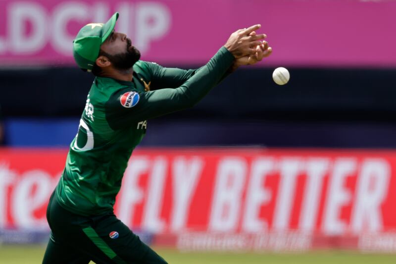 Pakistan's Fakhar Zaman misses a chance to catch out Canada opener Aaron Johnson. AP
