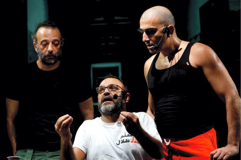 From left, Ahmad Khateeb, Ziad Itani and Khaled Soubeih perform in the play Colette Didn't Turn Up. Courtesy Metro Madina