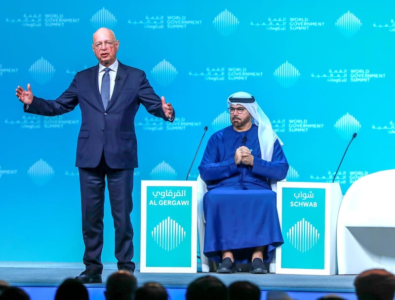 Dubai, U.A.E., February 10, 2019. World Government Summit Day 1.  Opening address by original Davos man Klaus Schwab and cabinet minister Mohammed Gergawi .
Victor Besa/The National
Section:  NA
Reporter:  Nick Webster