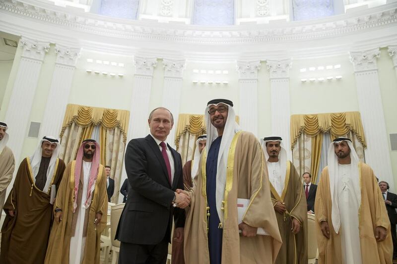 Sheikh Mohammed bin Zayed, Crown Prince of Abu Dhabi and Deputy Supreme Commander of the Armed Forces, is welcomed to the Kremlin on Thursday by Russian president Vladimir Putin. The crisis in Syria was one of the topics discussed. Mohamed Al Hammadi / Crown Prince Court - Abu Dhabi