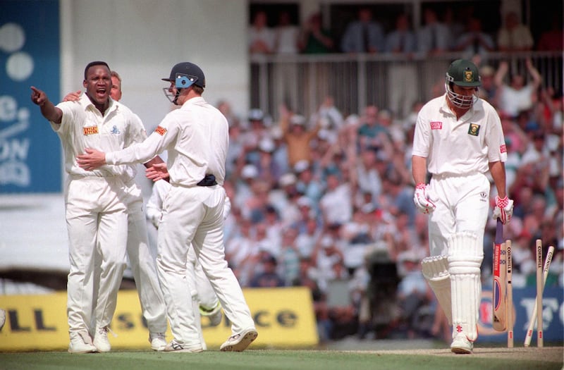 South Africa batsman Hansie Cronje trudges off after being bowled by England's Devon Malcolm in the third Test at The Oval, in London, in 1994. PA