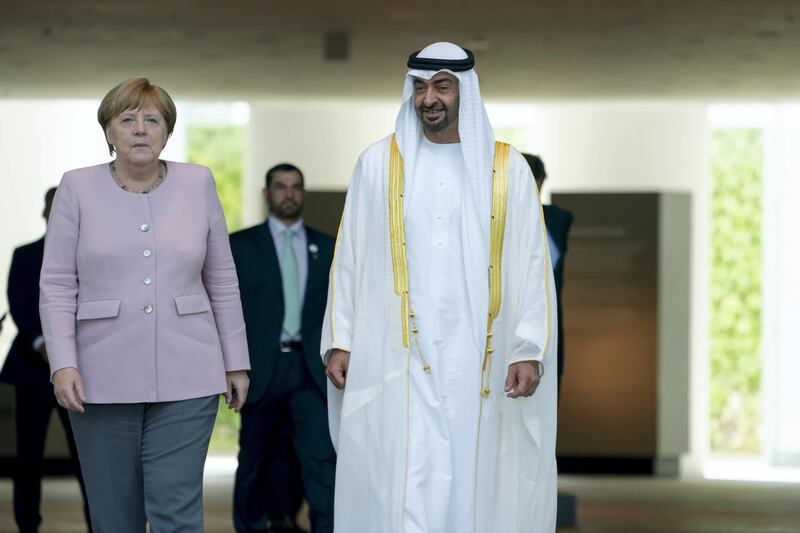 BERLIN, GERMANY - June 12, 2019: HE Angela Merkel, Chancellor of Germany (L), bids farewell to HH Sheikh Mohamed bin Zayed Al Nahyan, Crown Prince of Abu Dhabi and Deputy Supreme Commander of the UAE Armed Forces (R), after a meeting at the Chancellor's Office in Berlin, Germany.

(Eissa Al Hammadi / For the Ministry of Presidential Affairs )