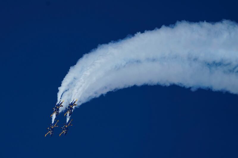 The US Navy's Blue Angels aerobatic display team perform during San Francisco Fleet Week Air Show in San Francisco, California. AP