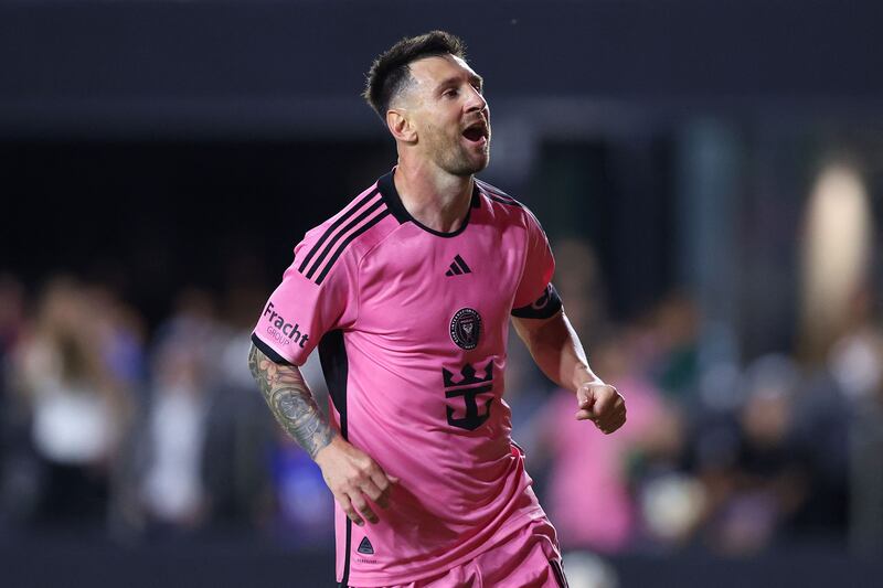 FORT LAUDERDALE, FLORIDA - MAY 04: Lionel Messi #10 of Inter Miami CF celebrates a goal scored by Luis Suarez #9 against the New York Red Bulls during the second half in the game at DRV PNK Stadium on May 04, 2024 in Fort Lauderdale, Florida.    Megan Briggs / Getty Images / AFP (Photo by Megan Briggs  /  GETTY IMAGES NORTH AMERICA  /  Getty Images via AFP)