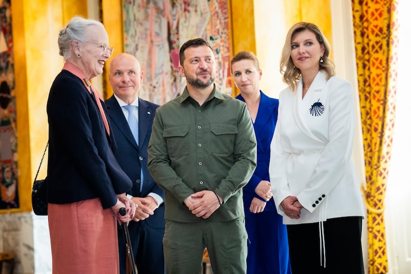 Queen Margrethe receives Ukraine's President Volodymyr Zelenskyy and first lady Olena Zelenska at Christiansborg in August 2023. EPA