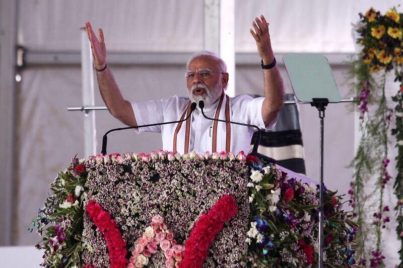 India's prime minister Narendra Modi addresses a public rally on National Panchayati Raj Day at Palli village on the outskirts of Jammu on April 24, 2022. AFP