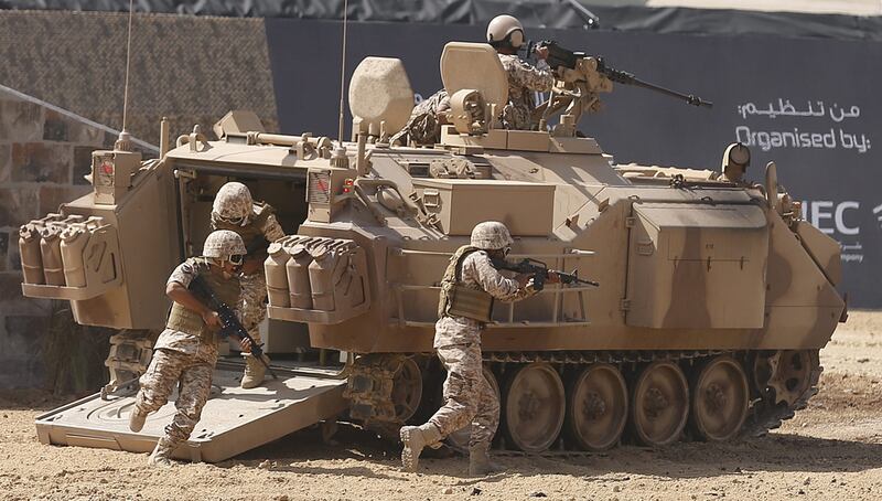 The Armed Forces take part in a military drill at the International Defence Exhibition at the Abu Dhabi National Exhibition Centre. Karim Sahib / AFP