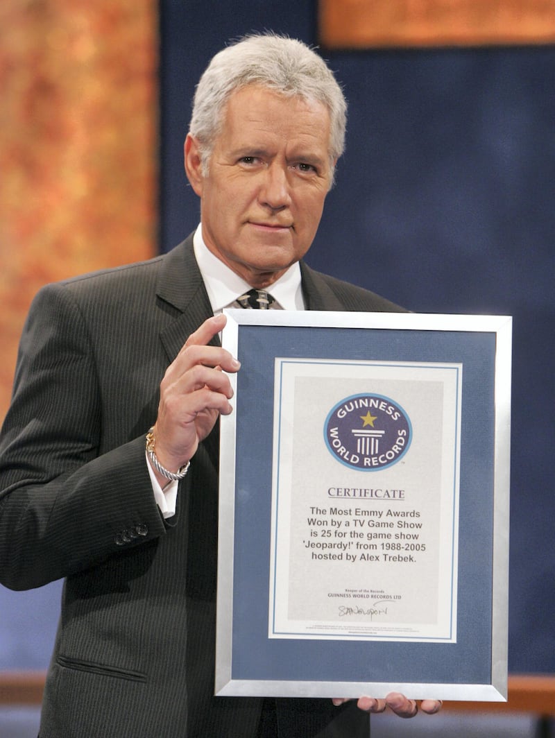 Alex Trebek during Jeopardy Inducted Into The Guinness Book of World Records and DVD Launch Celebration at Sony Pictures Lot Stage 10 in Culver City, California, United States. (Photo by E. Charbonneau/WireImage for Columbia TriStar Home Entertainment)