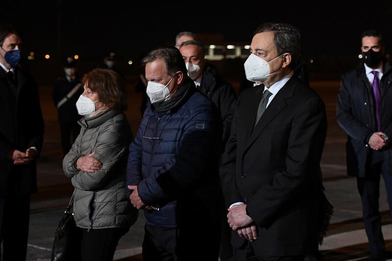 Prime Minister Mario Draghi and other officials at the airport. Italy’s ambassador to Democratic Republic of Congo died with two others on Monday after an attack on a UN convoy. Reuters
