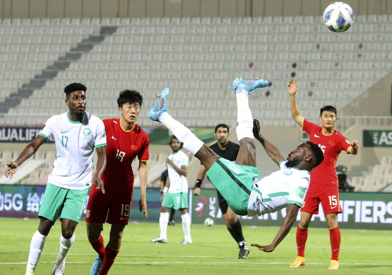 Saudi Arabia's Fahad Al Muwallad attempts an overhead kick. AFP