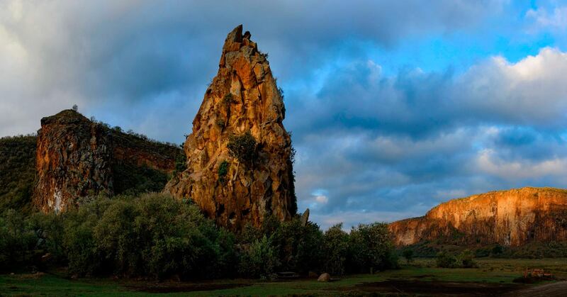 View of Fischer's Tower, a volcanic plug and Columnar basalt cliffs, Hells Gate National Park, Naivasha, Great Rift Valley, Kenya. (Photo by: Education Images/UIG via Getty Images)