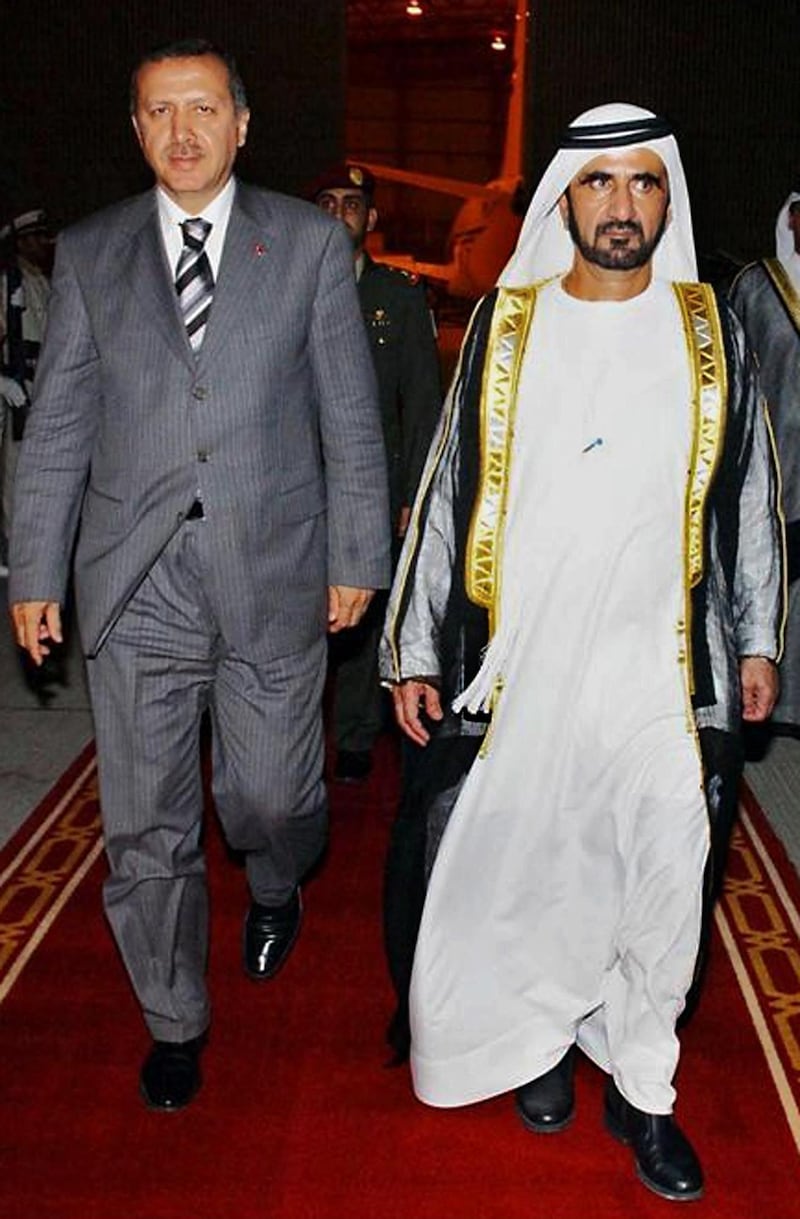 Sheikh Mohammed sees off Mr Erdogan at Dubai airport in September 2005 after a visit aimed at boosting economic links between the UAE and Turkey. AFP