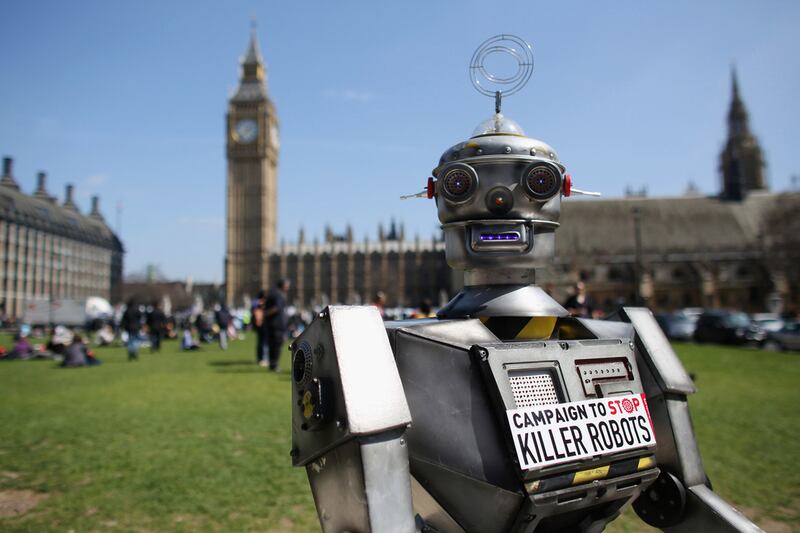 A ‘robot’ activist for the Campaign to Stop Killer Robots. Getty Images
