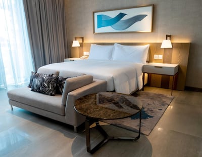 Abu Dhabi, United Arab Emirates, February 18, 2021. First-look pictures of the new Hilton Abu Dhabi Yas Island.  Deluxe two-bedroom suite.  
Victor Besa/The National 
Section:  LF
Reporter:  Hayley Skirka